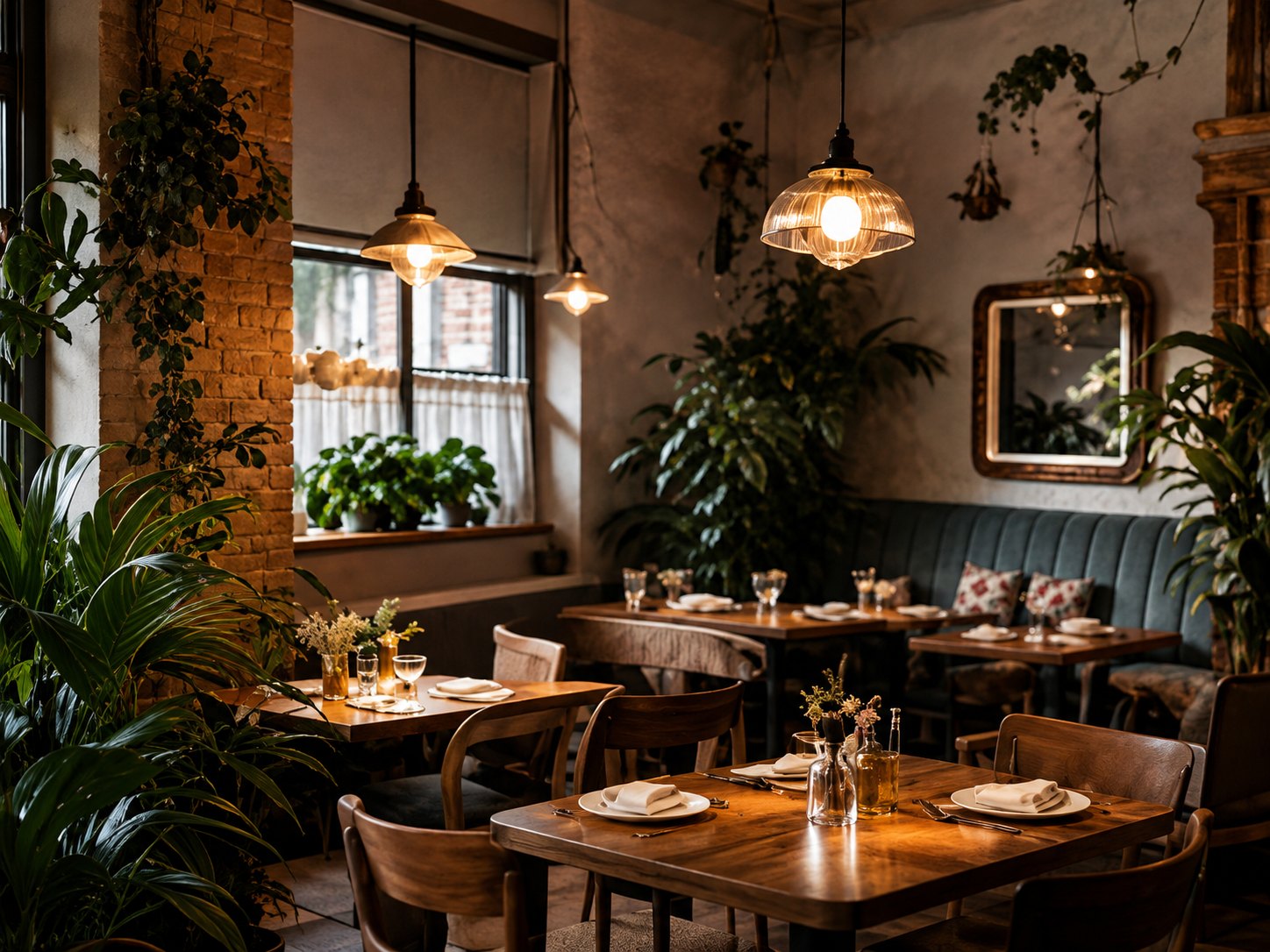 Warm modern restaurant interior with plants and ambient lighting
